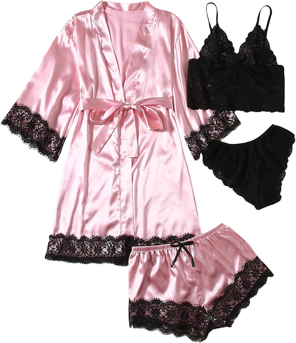 Thumbnail: SOLY HUX Women's Satin Pajama Set 4pcs Floral Lace Trim Cami Lingerie Sleepwear
