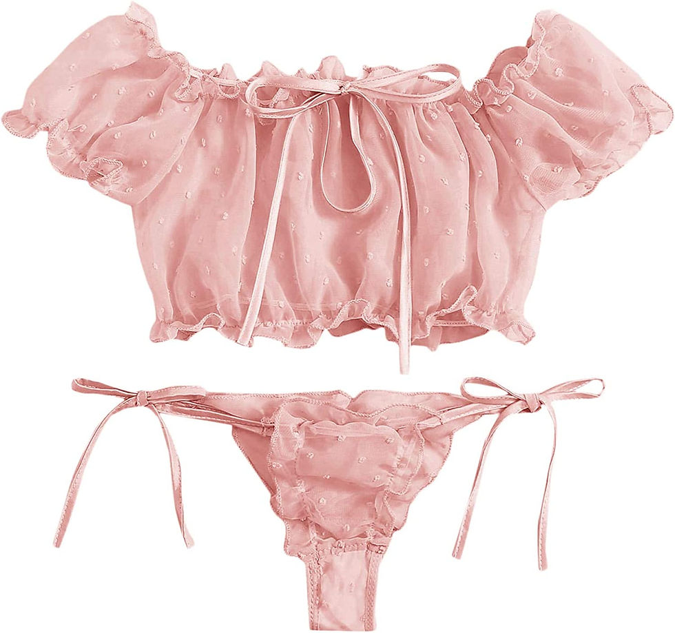 Thumbnail: SheIn Women's Self Tie Ruffle Trim Dobby Mesh Lingerie Set Sexy Bra and Panty