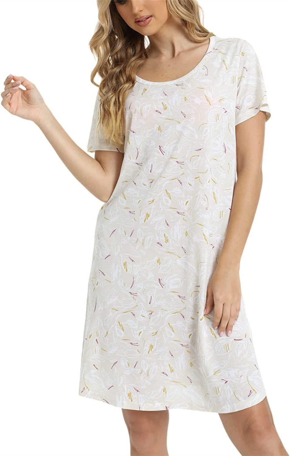 Thumbnail: Womens Nightgowns Short Sleeves Sleepwear Plus Size Casual Soft Printed CrewNec