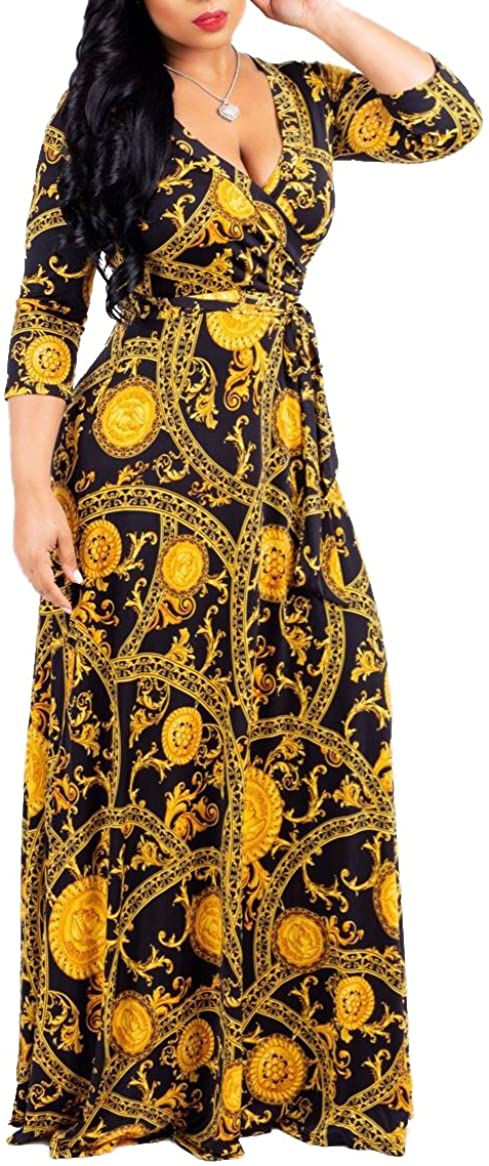 Thumbnail: SheKiss Women's Sexy V Neck Floral Long Sleeves Maxi Dresses Casual Loose Party