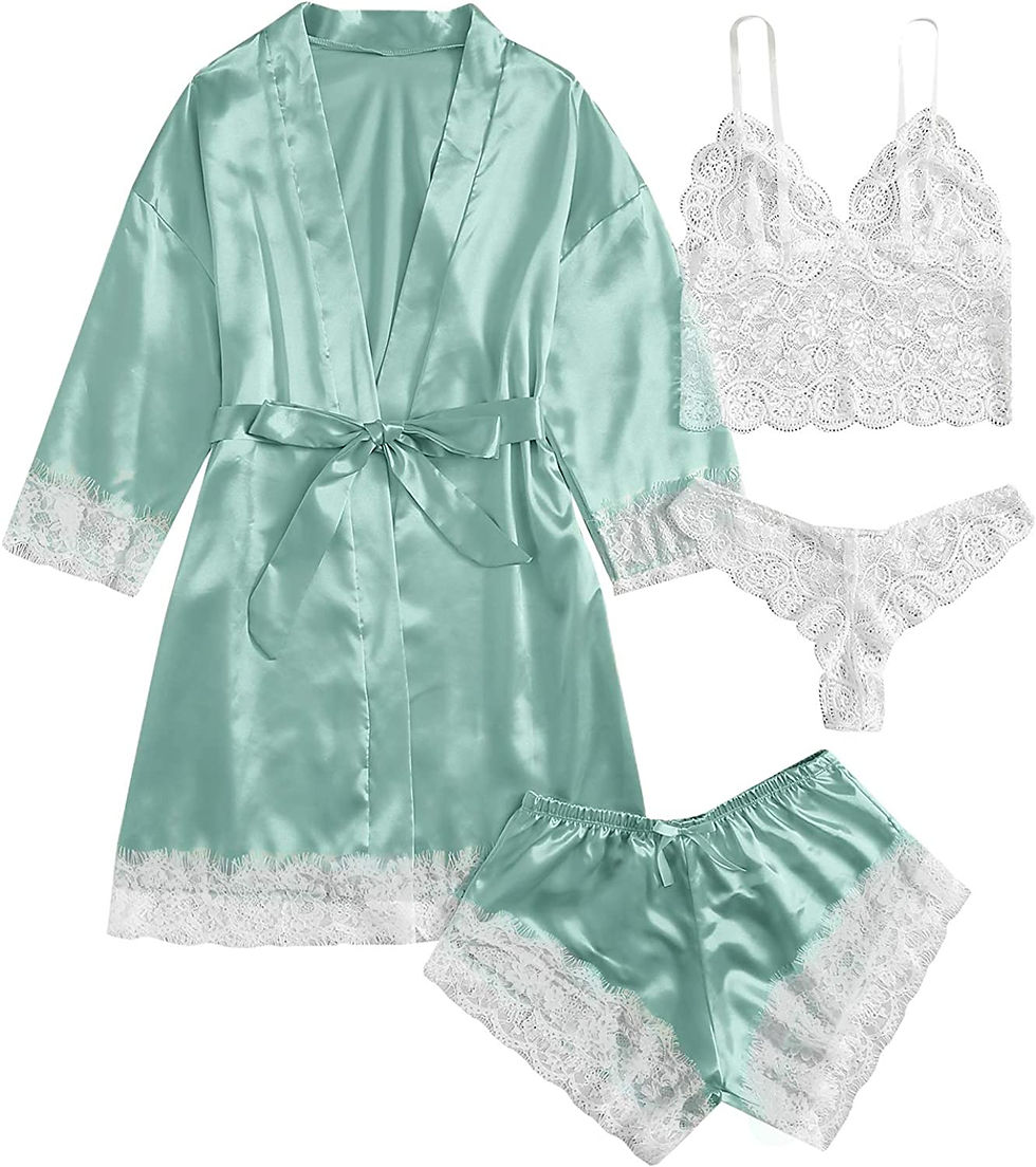 Thumbnail: SOLY HUX Women's Satin Pajama Set 4pcs Floral Lace Trim Cami Lingerie Sleepwear