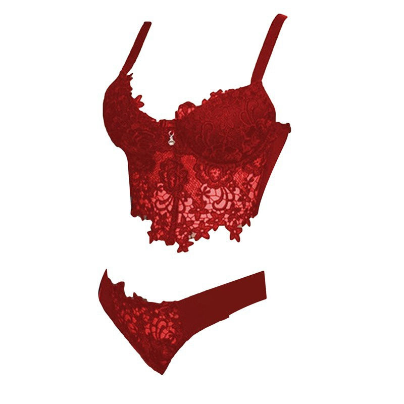 Thumbnail: Sexy Women's Push Up Embroidered Lace Collar Bra Lingerie Thong Set