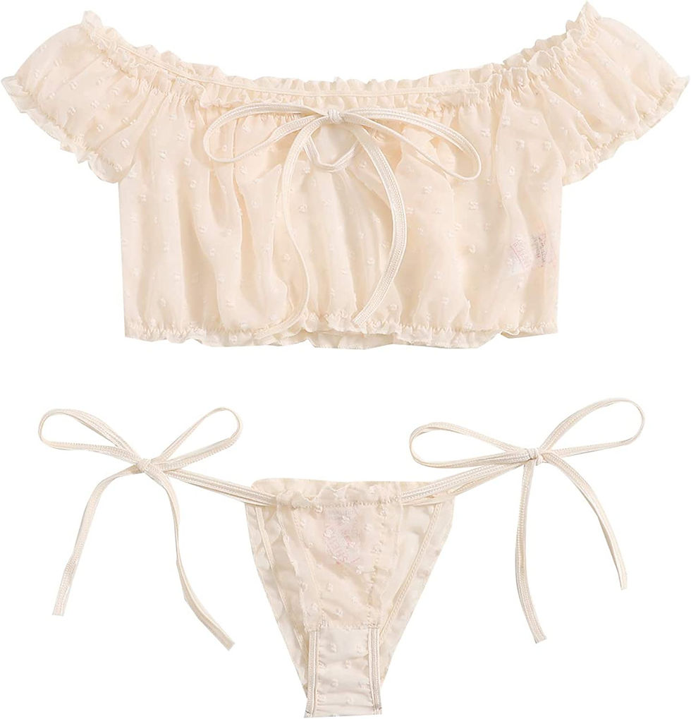 Thumbnail: SheIn Women's Self Tie Ruffle Trim Dobby Mesh Lingerie Set Sexy Bra and Panty