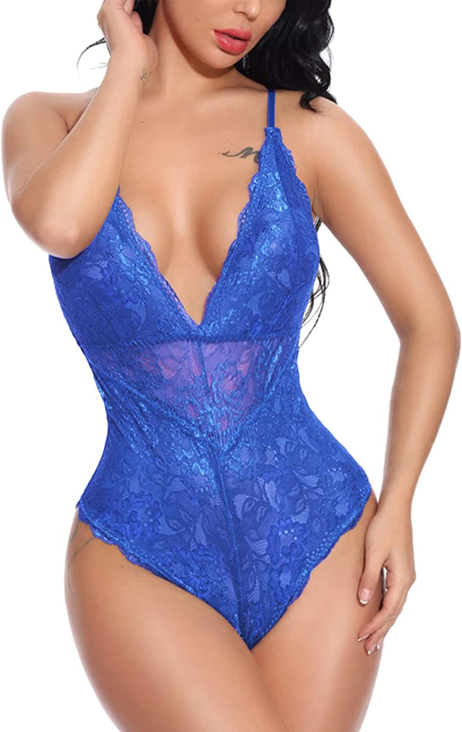 Thumbnail: Aranmei Lingerie for Women Sexy Deep V Lace Bodysuit Snap Crotch Teddy Sleepwear