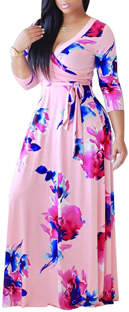 Thumbnail: SheKiss Women's Sexy V Neck Floral Long Sleeves Maxi Dresses Casual Loose Party