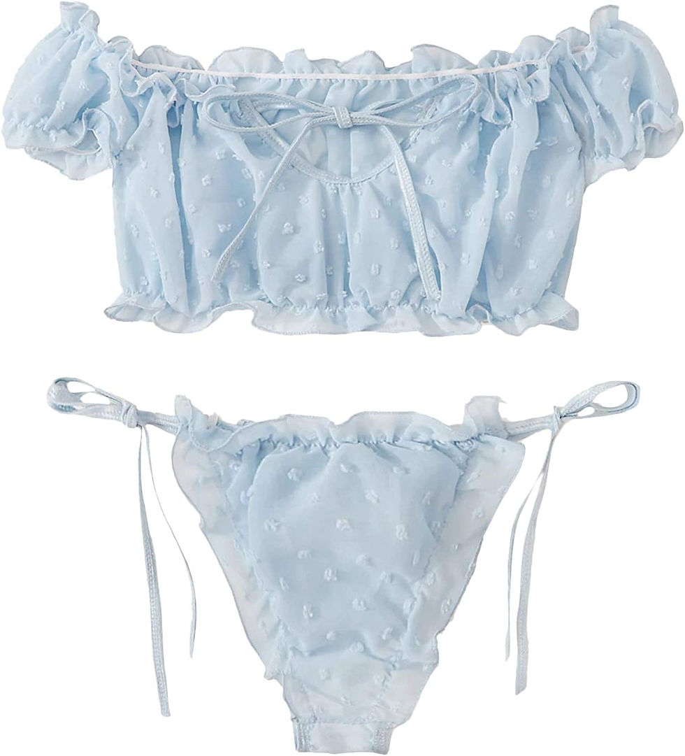 Thumbnail: SheIn Women's Self Tie Ruffle Trim Dobby Mesh Lingerie Set Sexy Bra and Panty