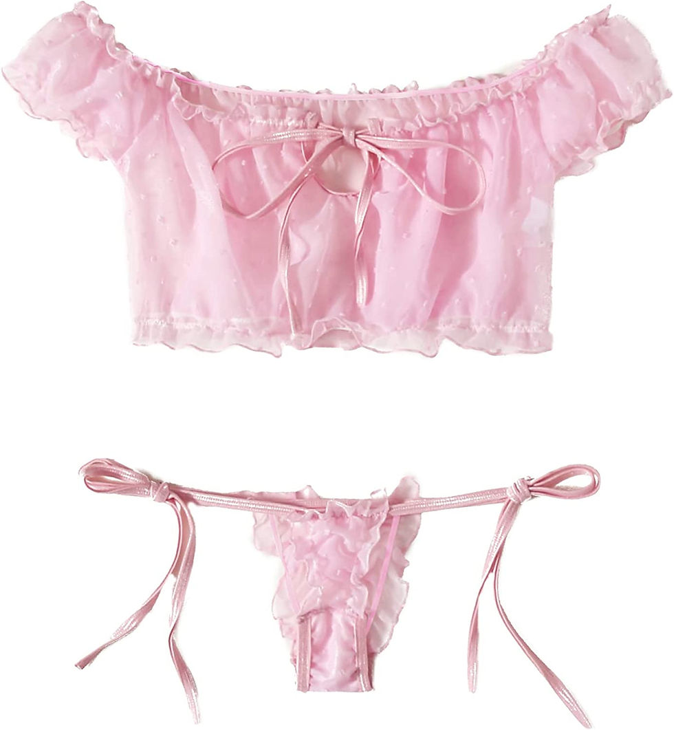 Thumbnail: SheIn Women's Self Tie Ruffle Trim Dobby Mesh Lingerie Set Sexy Bra and Panty