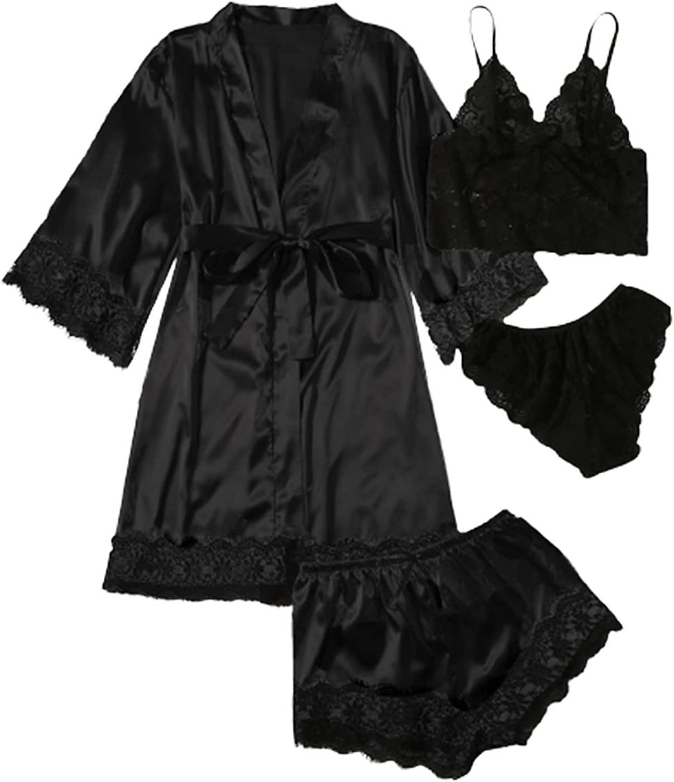 Thumbnail: SOLY HUX Women's Satin Pajama Set 4pcs Floral Lace Trim Cami Lingerie Sleepwear