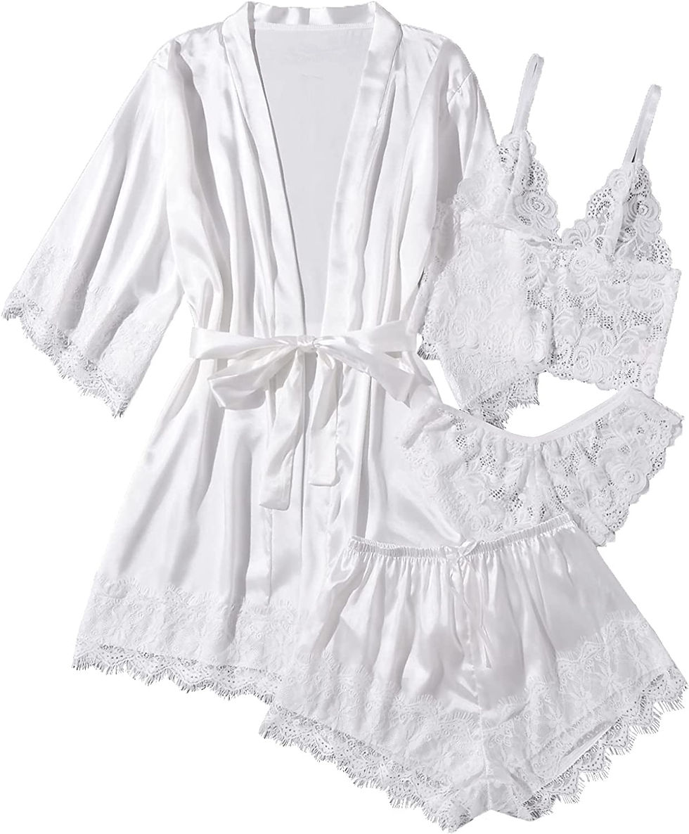 Thumbnail: SOLY HUX Women's Satin Pajama Set 4pcs Floral Lace Trim Cami Lingerie Sleepwear