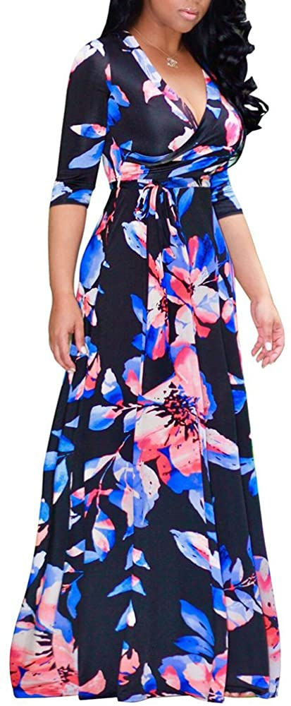 Thumbnail: SheKiss Women's Sexy V Neck Floral Long Sleeves Maxi Dresses Casual Loose Party