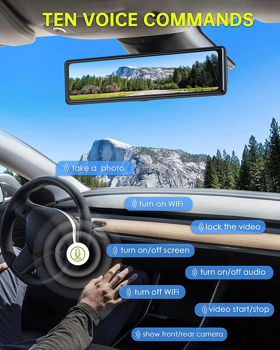 サムネイル： 4K Mirror Dash Cam with GPS WiFi,12" Voice Control Touch Screen Dash Cam Front 