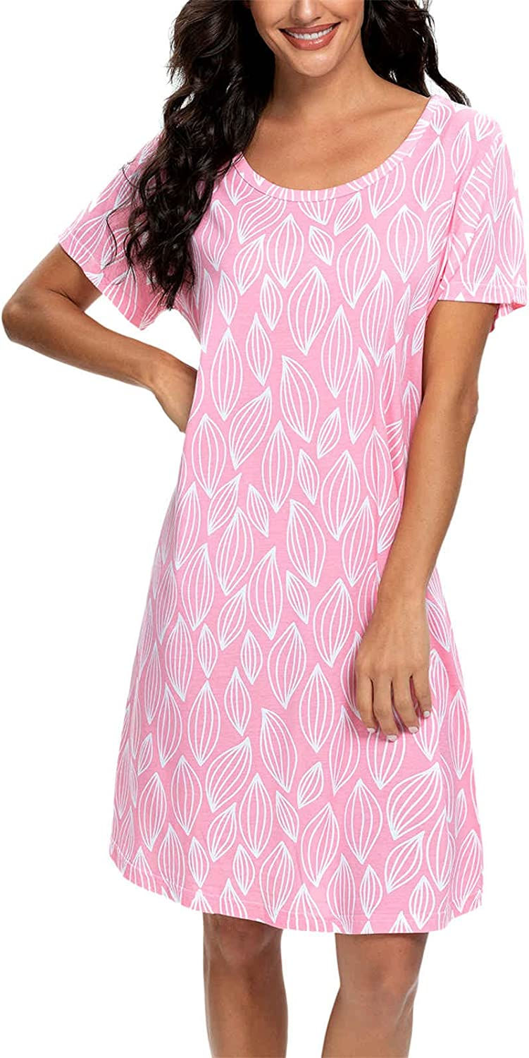 Thumbnail: Womens Nightgowns Short Sleeves Sleepwear Plus Size Casual Soft Printed CrewNec