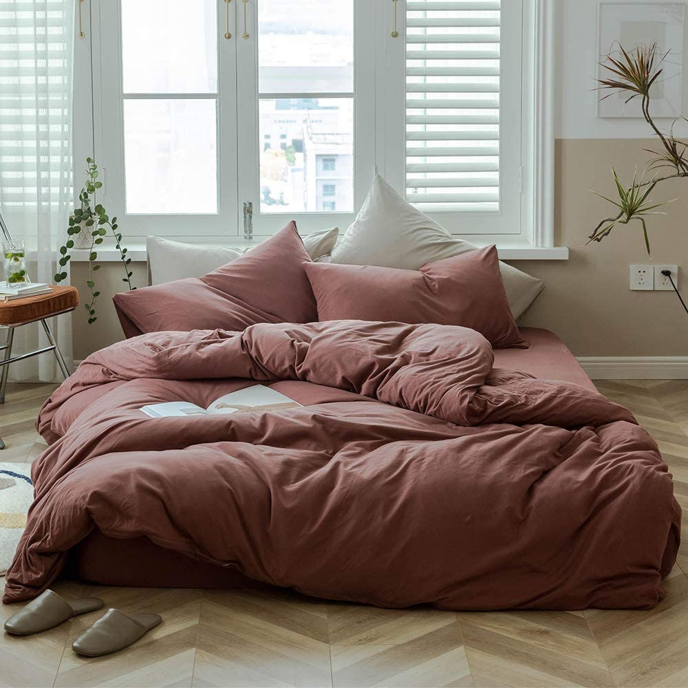 Washed Cotton Duvet Cover Dark Green Reversible Solid Color Bedding Set Modern 