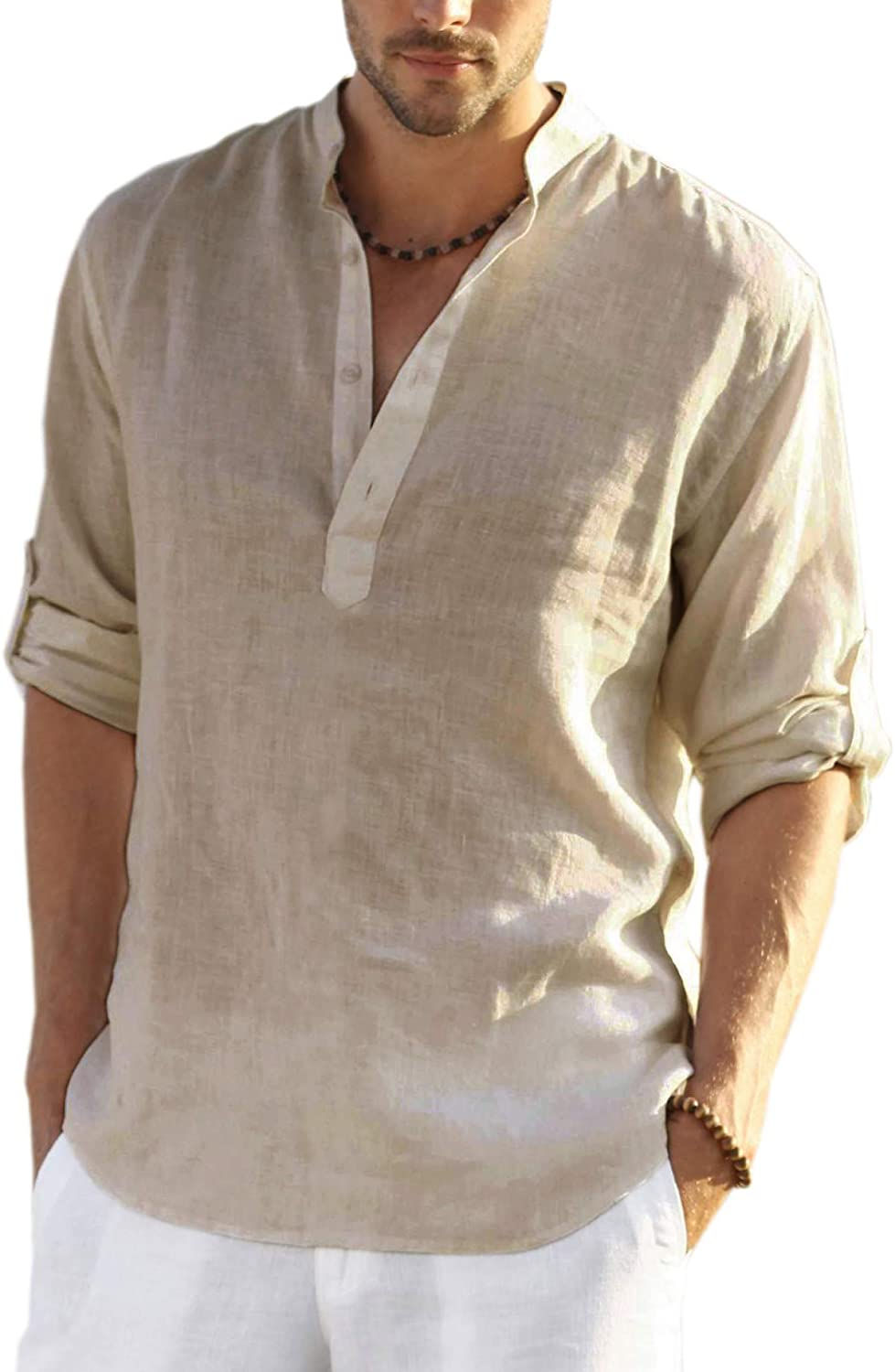 Thumbnail: COOFANDY Men's Casual Long Sleeve Henley Shirts Cotton Linen Premium Beach T-Sh
