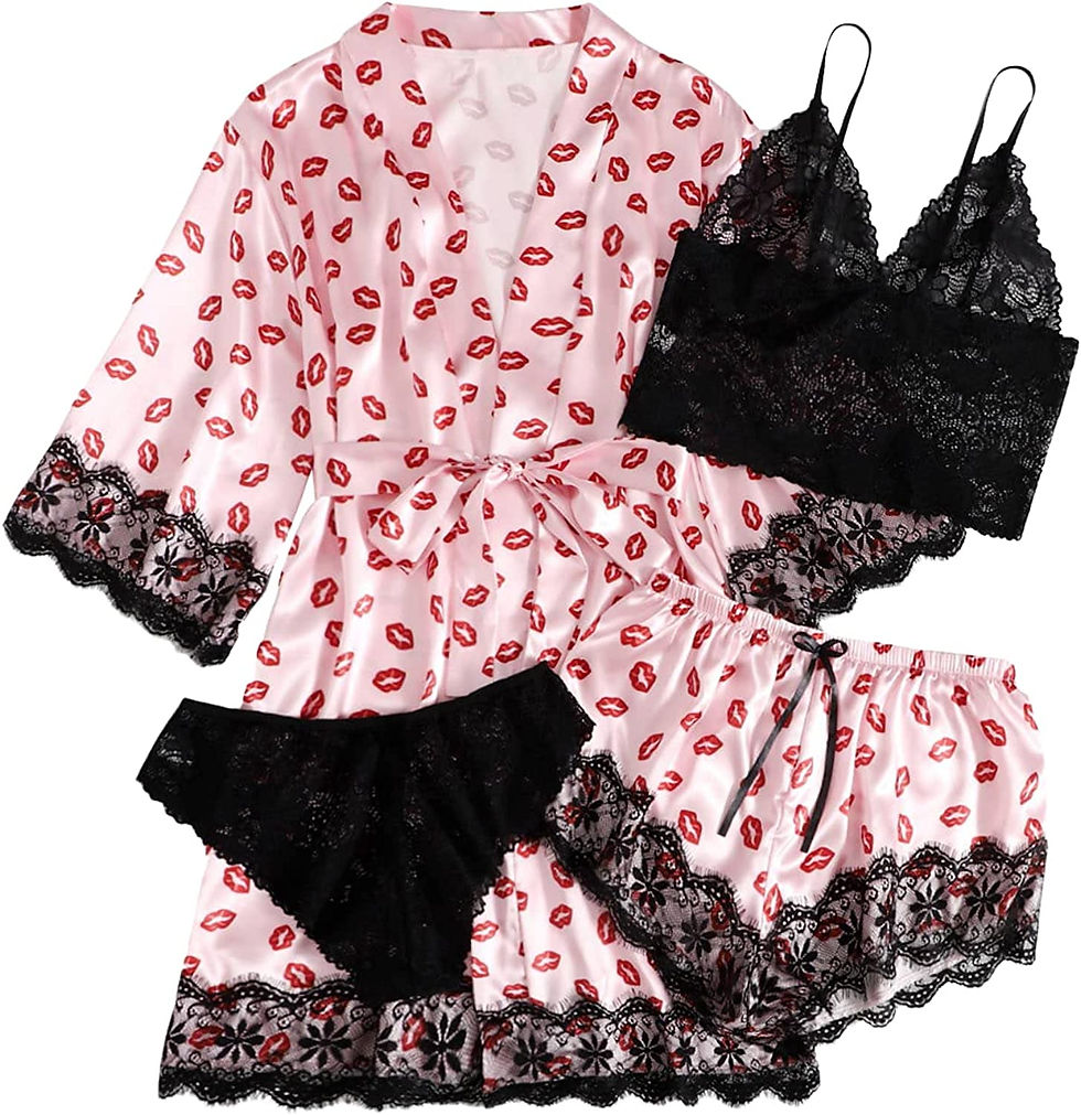 Thumbnail: SOLY HUX Women's Satin Pajama Set 4pcs Floral Lace Trim Cami Lingerie Sleepwear