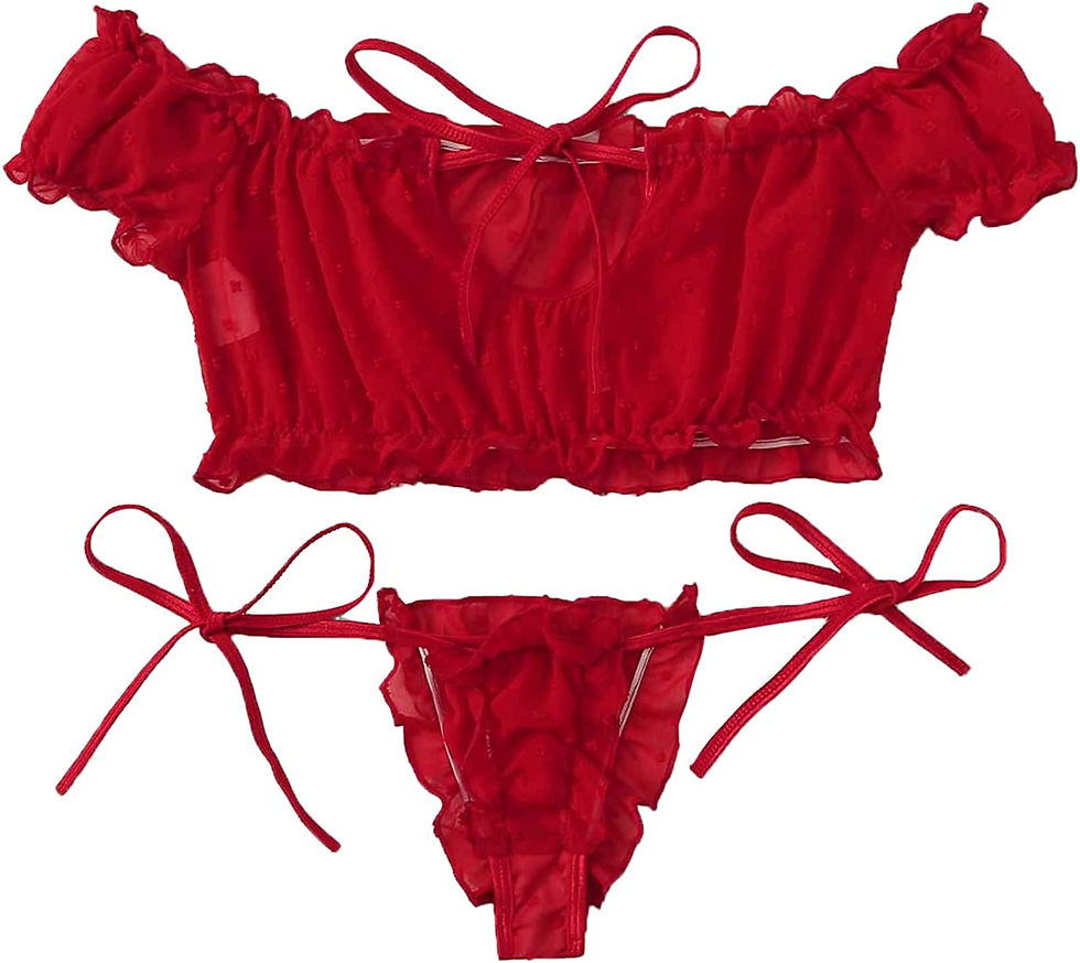 Thumbnail: SheIn Women's Self Tie Ruffle Trim Dobby Mesh Lingerie Set Sexy Bra and Panty