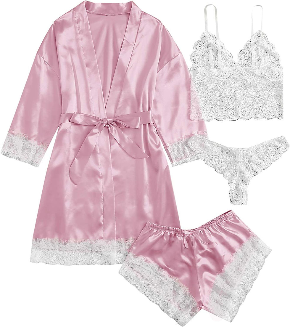Thumbnail: SOLY HUX Women's Satin Pajama Set 4pcs Floral Lace Trim Cami Lingerie Sleepwear