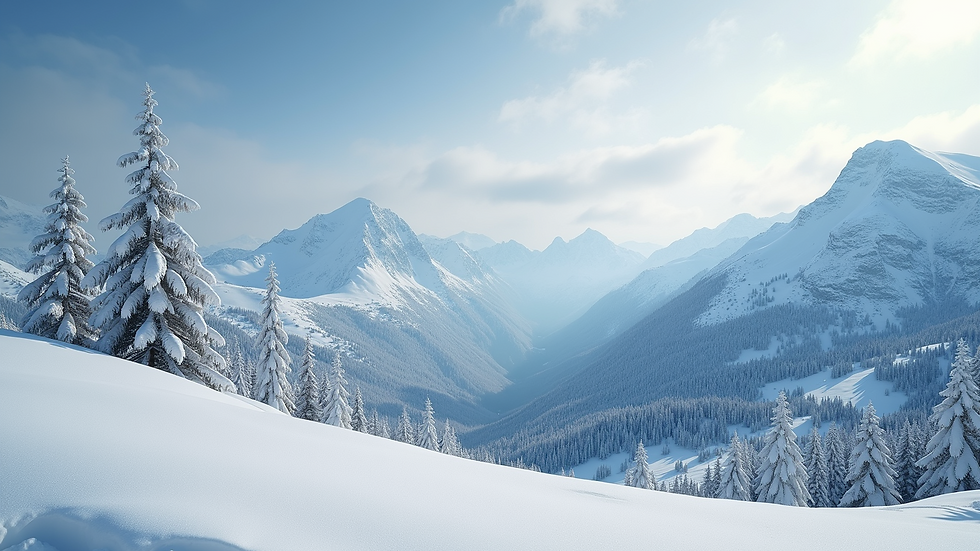 Wide angle view of snowy mountain landscape