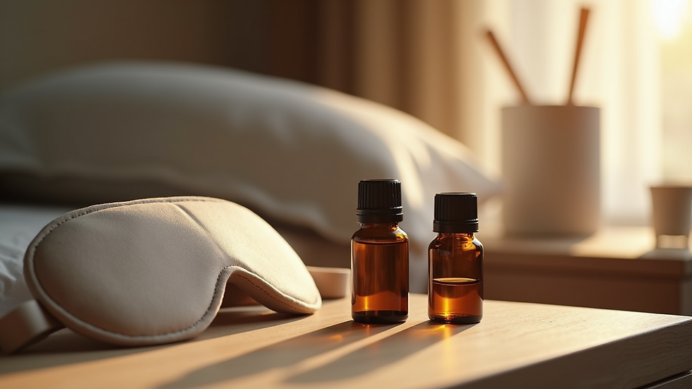 Eye-level view of a nightstand with a sleeping mask and essential oils