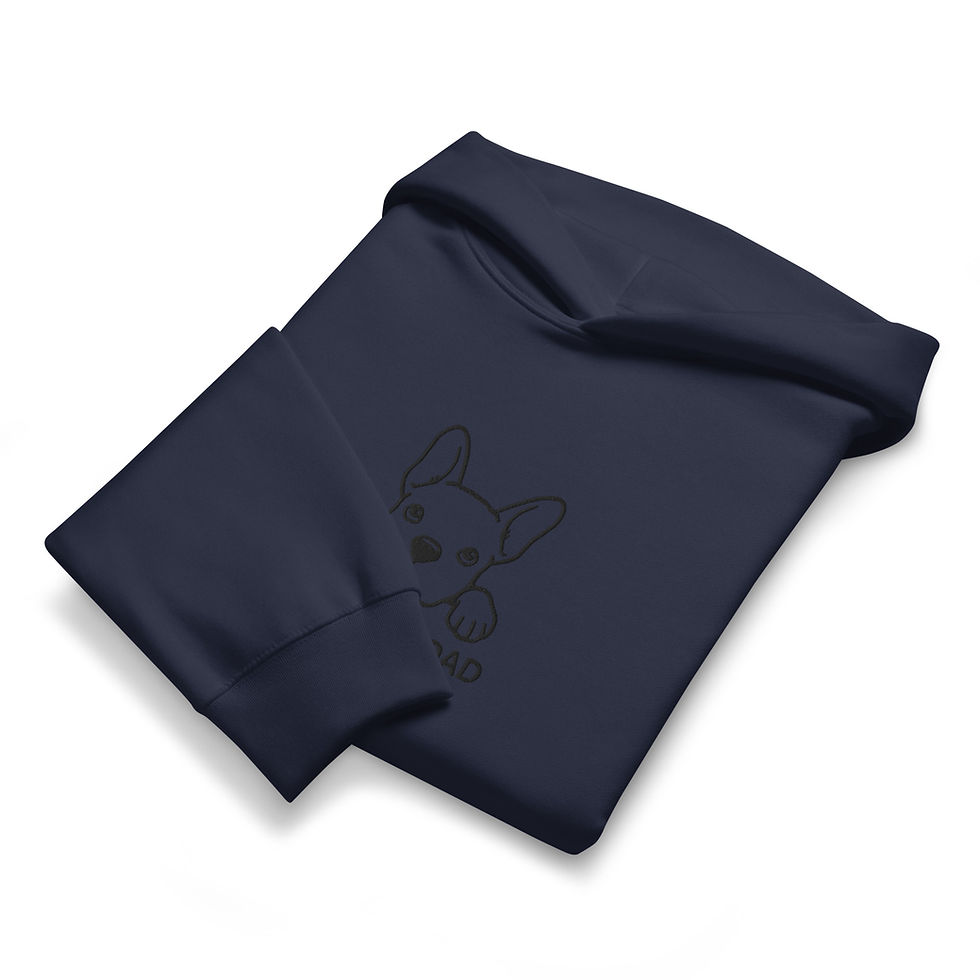 Thumbnail: Folded navy hoodie displaying black Frenchie Dad embroidery.