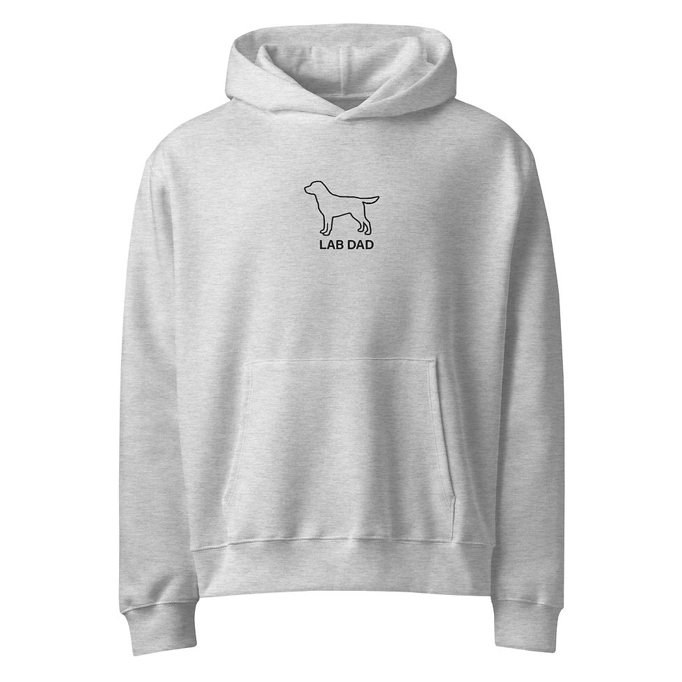 Light gray Lab Dad hoodie with black embroidered Labrador design, front view.