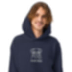 Thumbnail: Model wearing navy Pug Dad hoodie with white embroidered pug illustration.