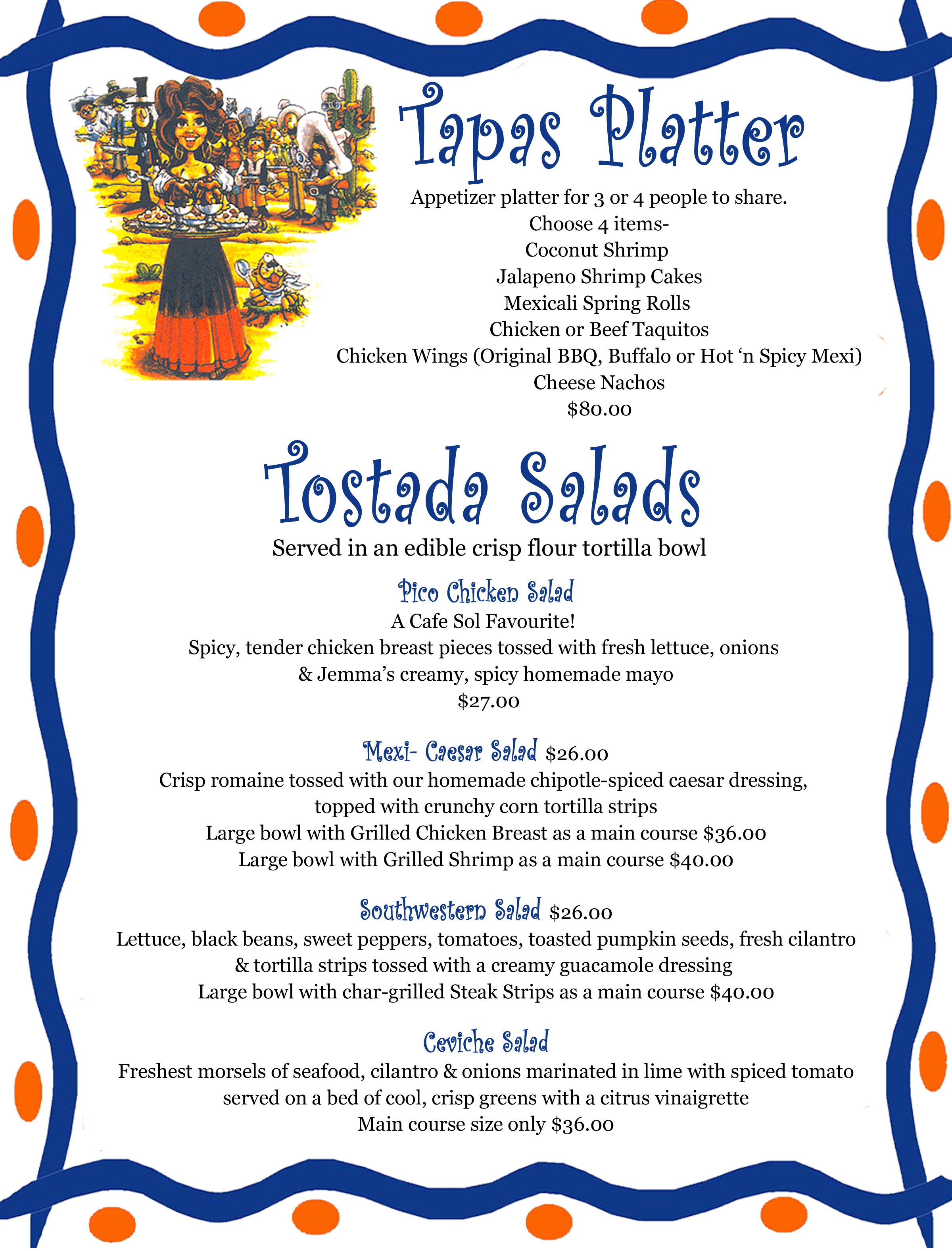 Cafe Sol dinner menu