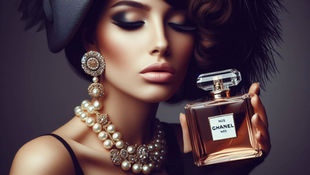 Uma mulher elegante usando o icônico perfume Chanel N°5