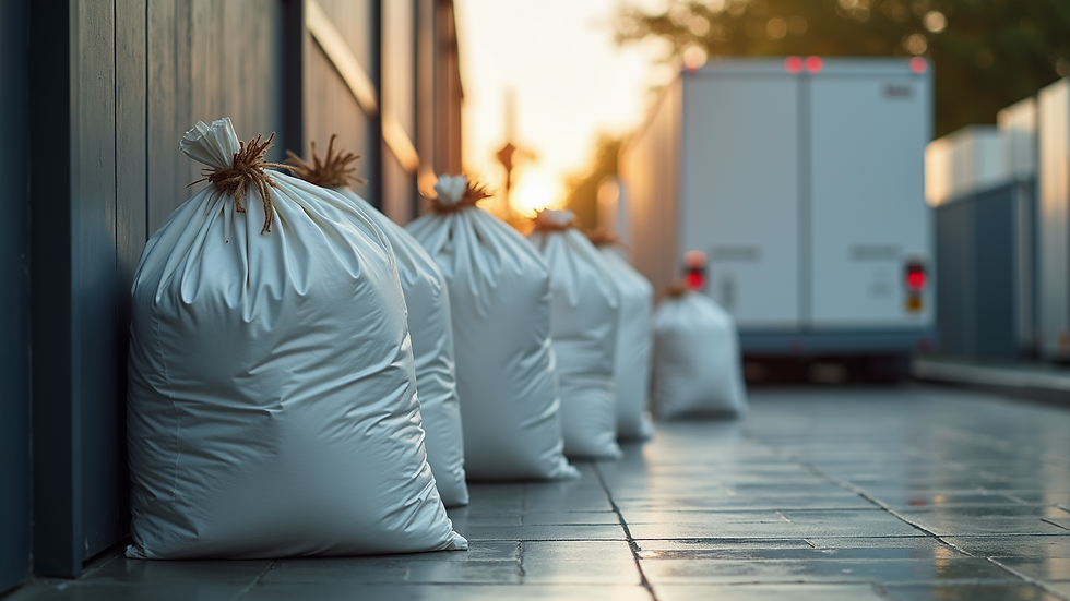 Eye-level view of laundry bags ready for pickup and delivery