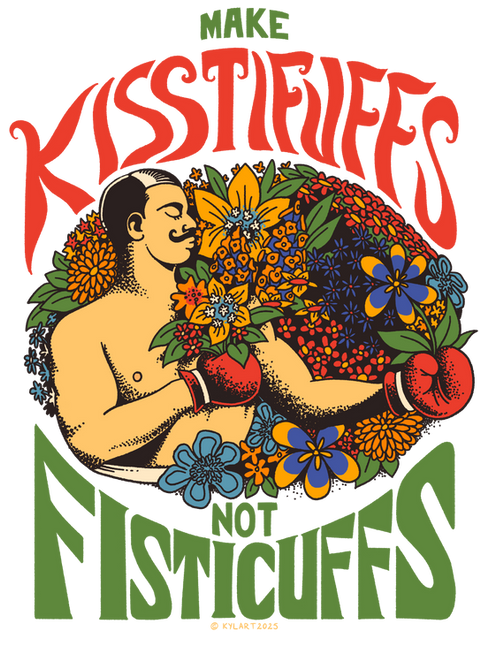 A vintage boxer holding hippie flowers and making a kissy face. A pretty-clever riff on "Make Love, Not War." 