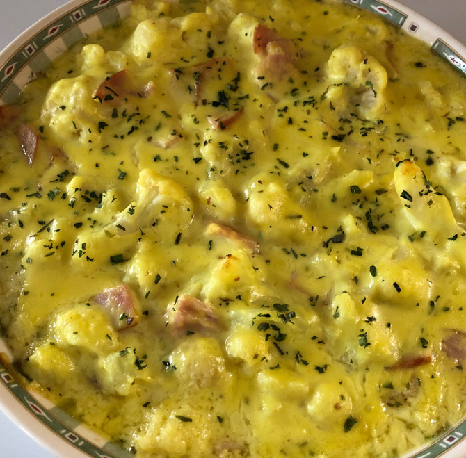 Cauliflower, Canadian Bacon, Cheese Sauce, All Adds Up To One Yummy Dish!!!