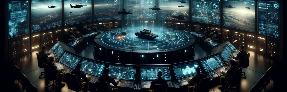 An image depicting a high-tech futuristic command center equipped with advanced artificial intelligence (AI) and quantum computing technology overseeing and controlling operations on the battlefield. The scene showcases a cutting-edge environment where data analytics, decision-making algorithms and strategic planning are powered by state-of-the-art technologies for military operations.