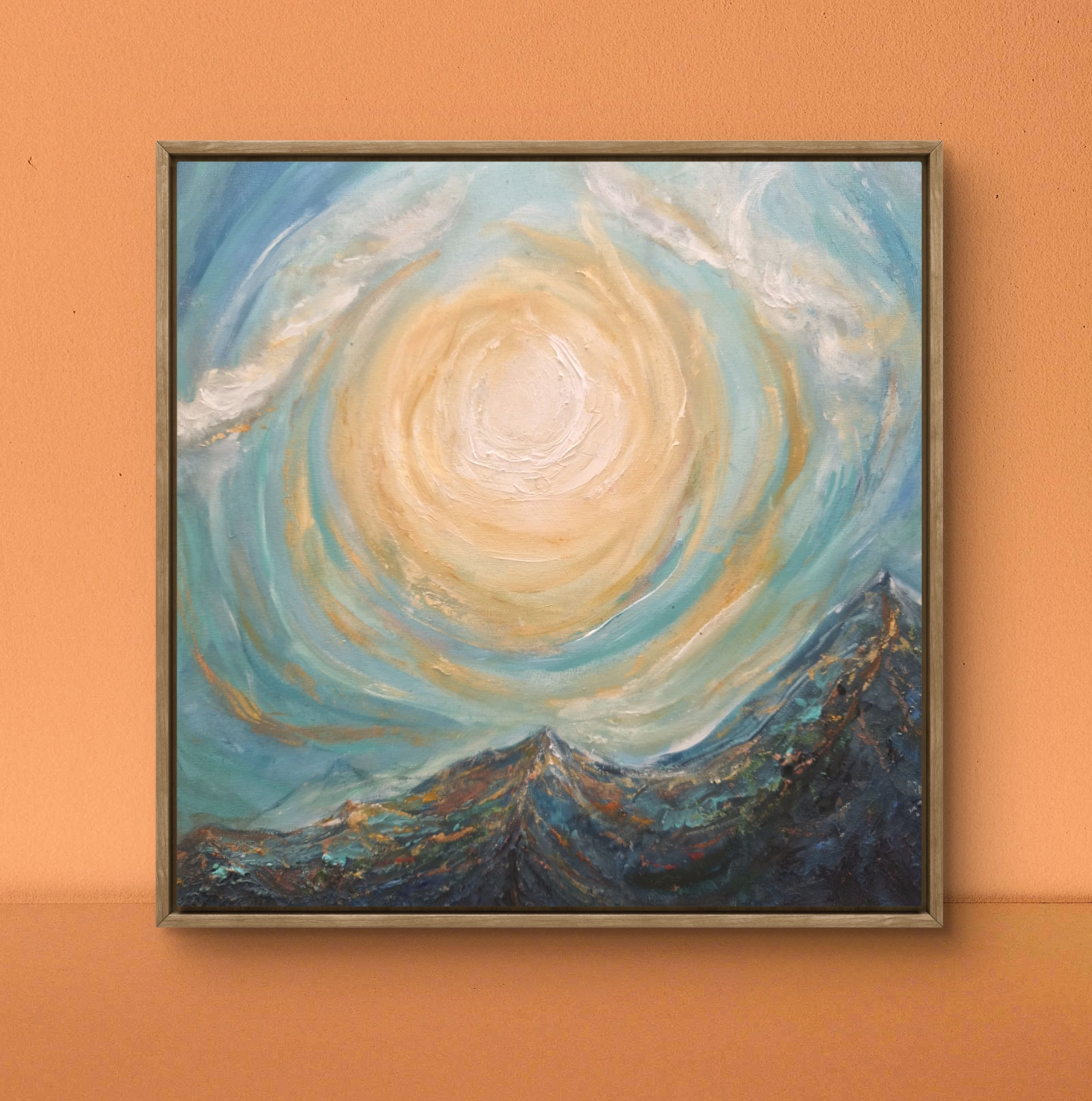 Sunlit highland mountains oak framed landscape painting