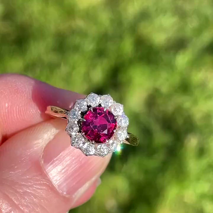 Edwardian Ruby & Diamond halo Ring UK