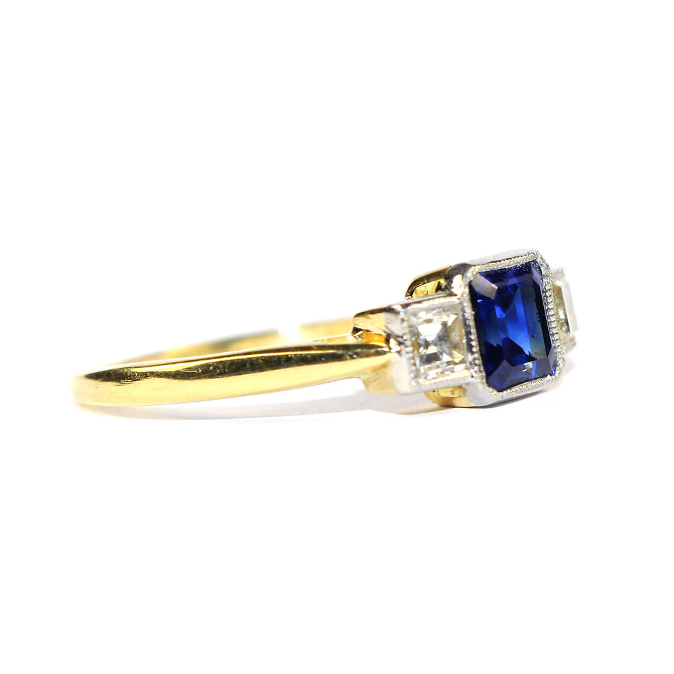 Edwardian square sapphire and diamond trilogy ring
