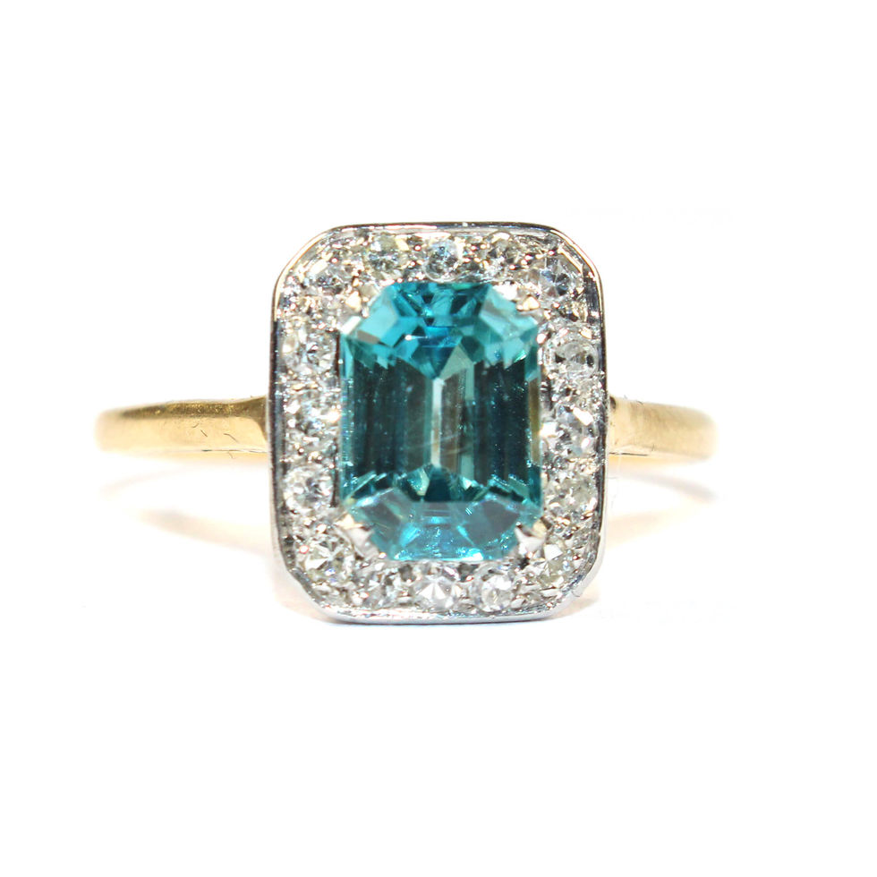 Art Deco Blue Zircon and Diamond Ring