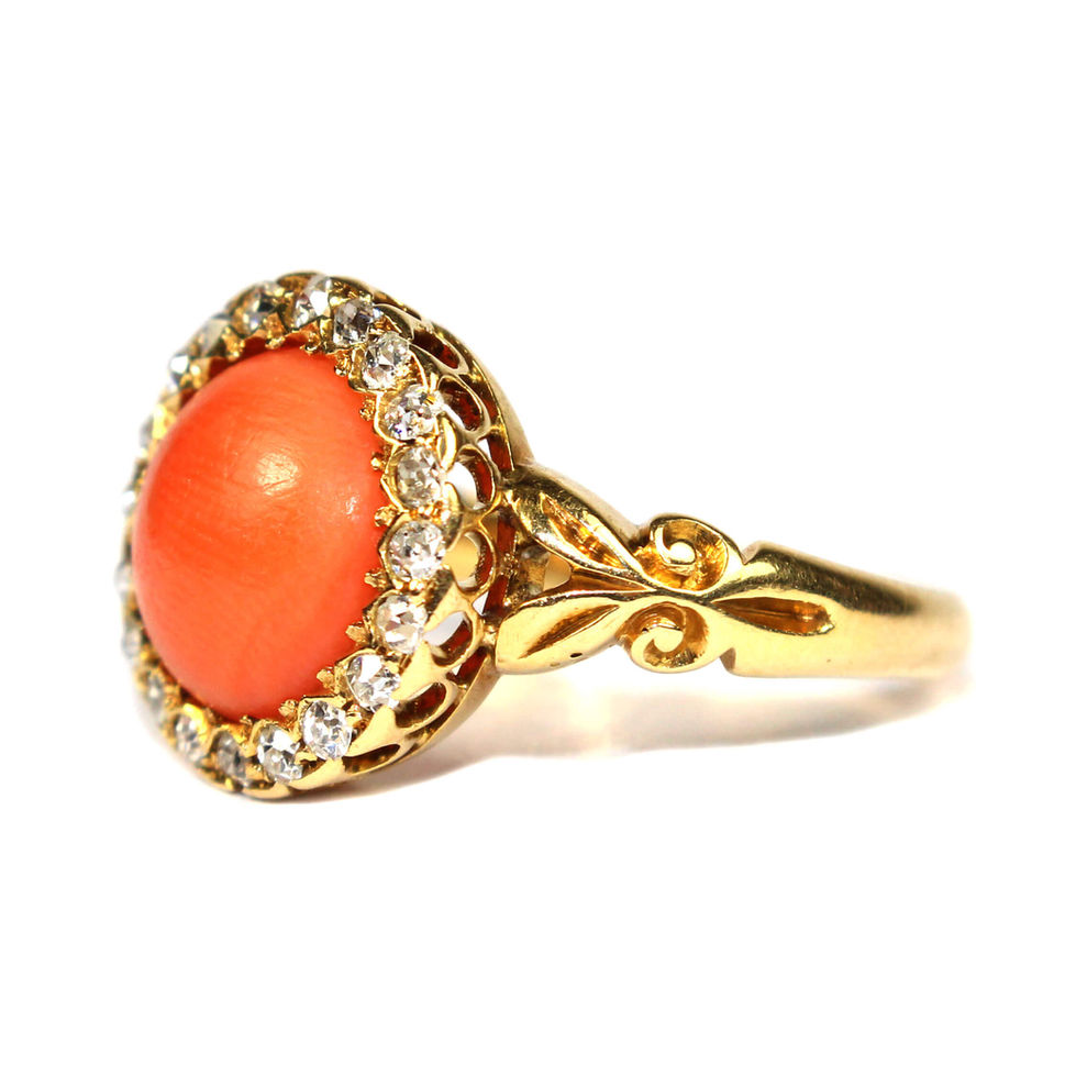 Victorian Coral & Diamond Halo Ring UK