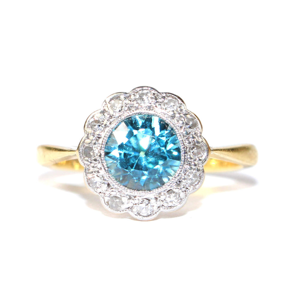 Edwardian Blue Zircon Diamond Cluster Ring UK
