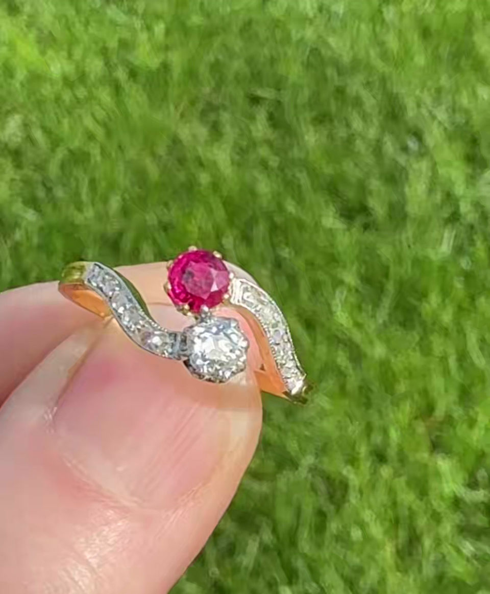 art deco Ruby and Diamond 2 Stone Ring UK