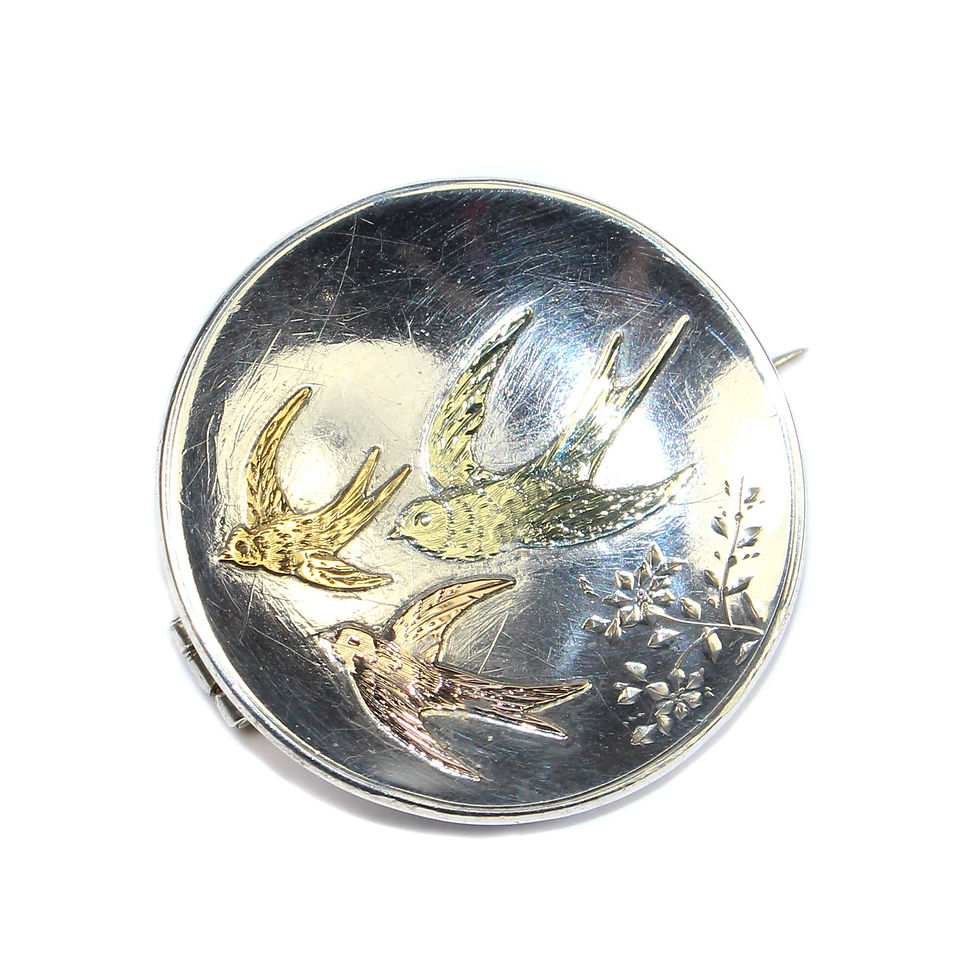 Victorian Aesthetic Silver & Gold Swallows Brooch