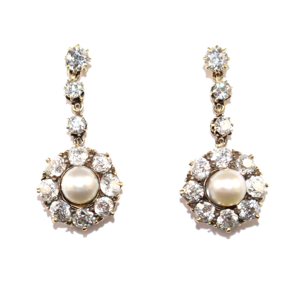 Victorian Pearl & Diamond Cluster Drop Earrings UK