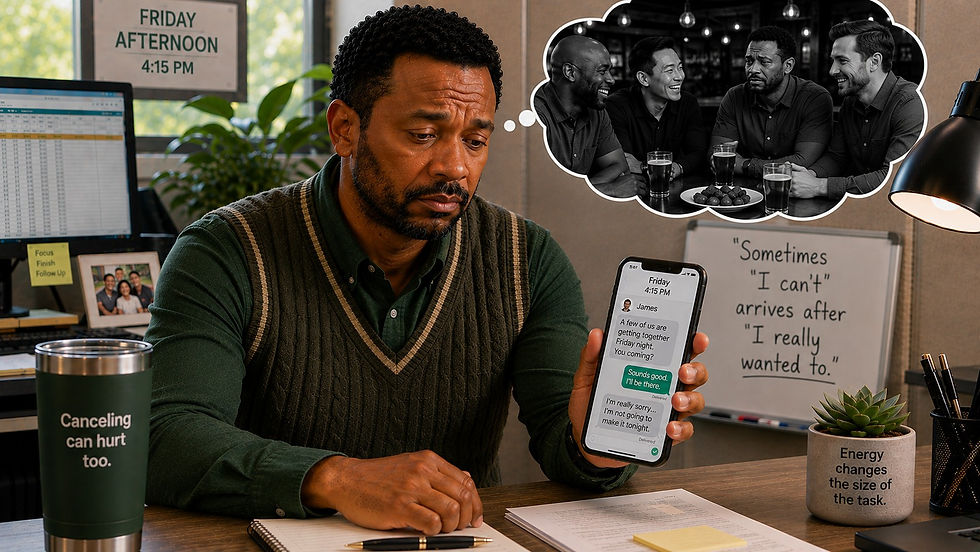 Michael looks disappointed as he sends a text canceling Friday night plans with friends after feeling too emotionally drained to go.