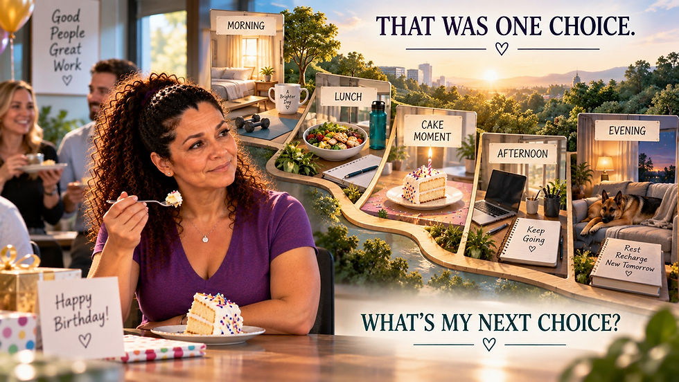 Angela enjoys a piece of birthday cake as the rest of her day remains open and unchanged behind her, illustrating that one food choice does not define the entire day and the next choice can simply be the next choice.