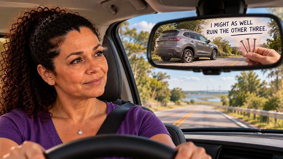 Angela drives after her flat tire is repaired while the rearview mirror imagines ruining the other three tires, illustrating the absurdity of letting one setback determine what happens next.