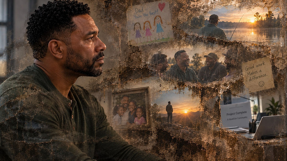 Michael sits in quiet profile as layers resembling aged varnish and grime partially obscure images of his daughters, friendships, fishing, meaningful work, and moments of joy, symbolizing how depression can make important parts of a person harder to access without erasing them.
