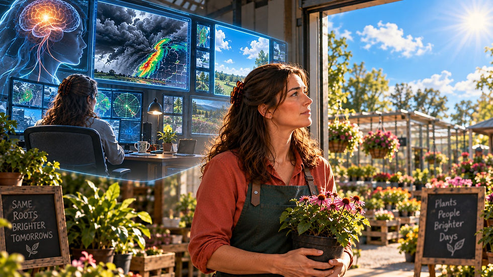 Emma looks toward a bright, peaceful sky while her internal forecasting system still displays a possible storm, illustrating how trauma recovery can involve noticing protective warnings while also recognizing evidence of safety in the present moment.