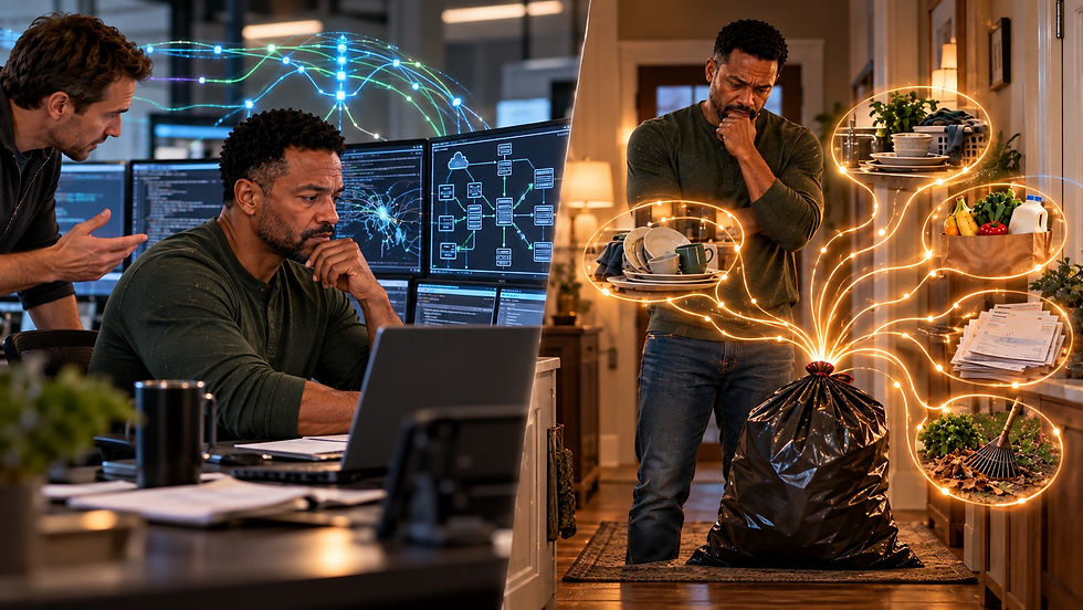 Michael confidently solves a complex technology problem at work but feels overwhelmed by taking out one trash bag at home as multiple household tasks compete for his attention, illustrating why depression can make simple tasks feel harder to start than objectively difficult ones.