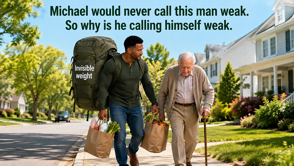 Michael helps an older man carry groceries while imagining his own depression as a heavy backpack labeled “Invisible weight,” illustrating the compassion he gives others but struggles to give himself.