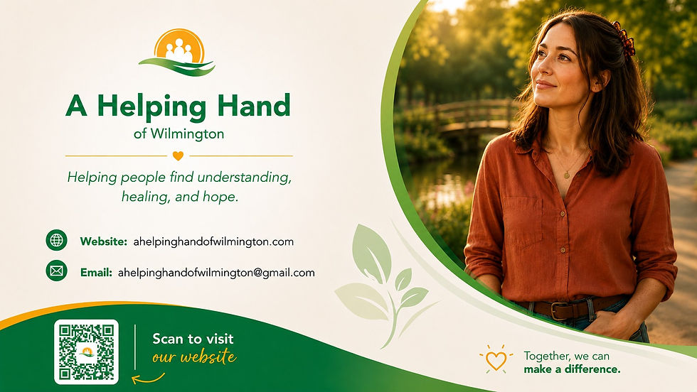 A Helping Hand of Wilmington closing slide featuring Emma in a peaceful garden with the organization’s website, email, and QR code for learning more about mental health services.
