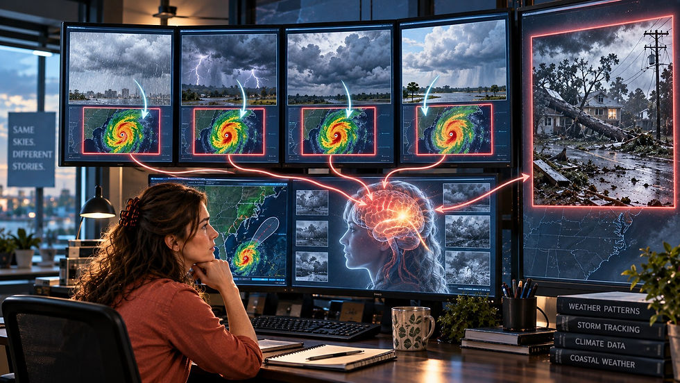 Emma studies different weather conditions that her internal forecasting system repeatedly connects to the same severe storm, illustrating how trauma can cause the nervous system to predict past danger from ordinary present-day warning signs.